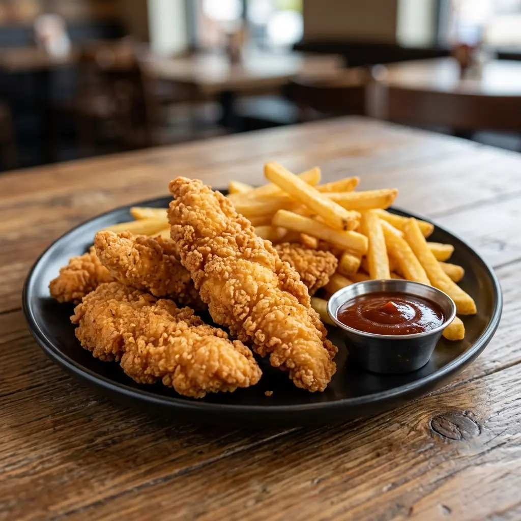 3 Chicken Tenders with Fries, crispy chicken tenders and golden fries at Spark Chef Dining & Takeout, Sherwood Park