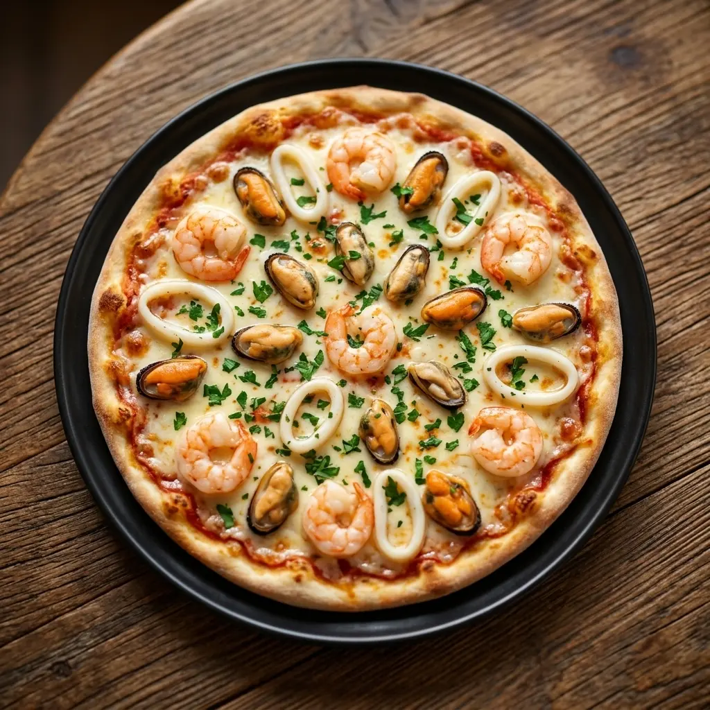 Seafood Pizza topped with shrimp, crab and mozzarella at Spark Chef Dining & Takeout, Sherwood Park